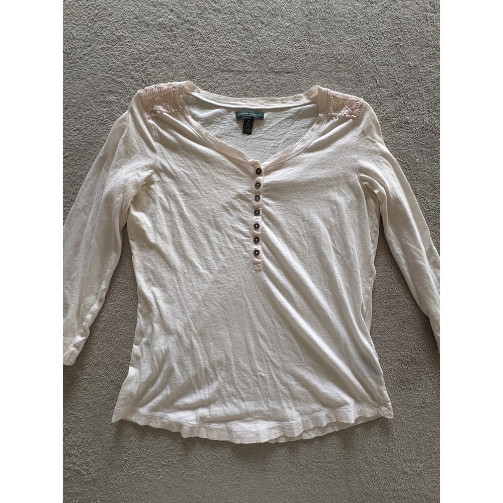 Lauren Ralph Lauren Womens Cream Cotton Henley Long Sleeve Crochet Lace Top M